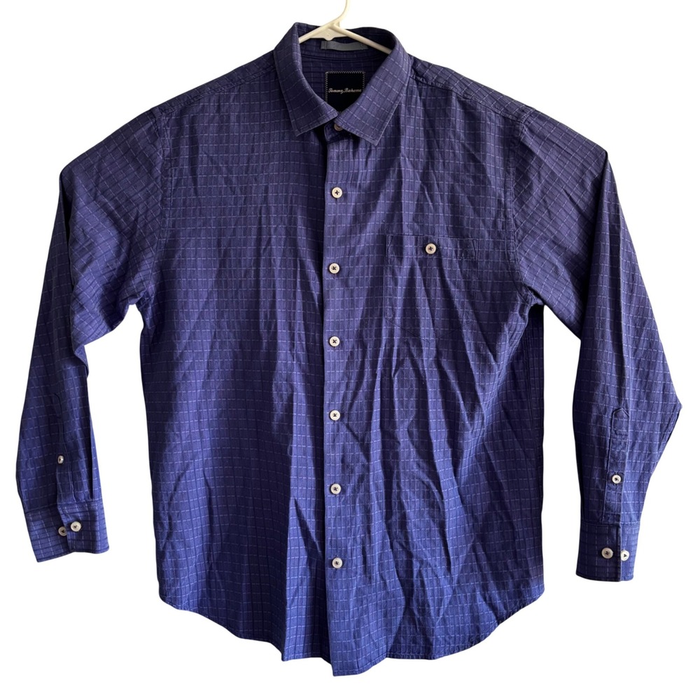 Tommy Bahama Shirt Mens Large Purple Silk Cotton Grid Long Sleeve Button Down